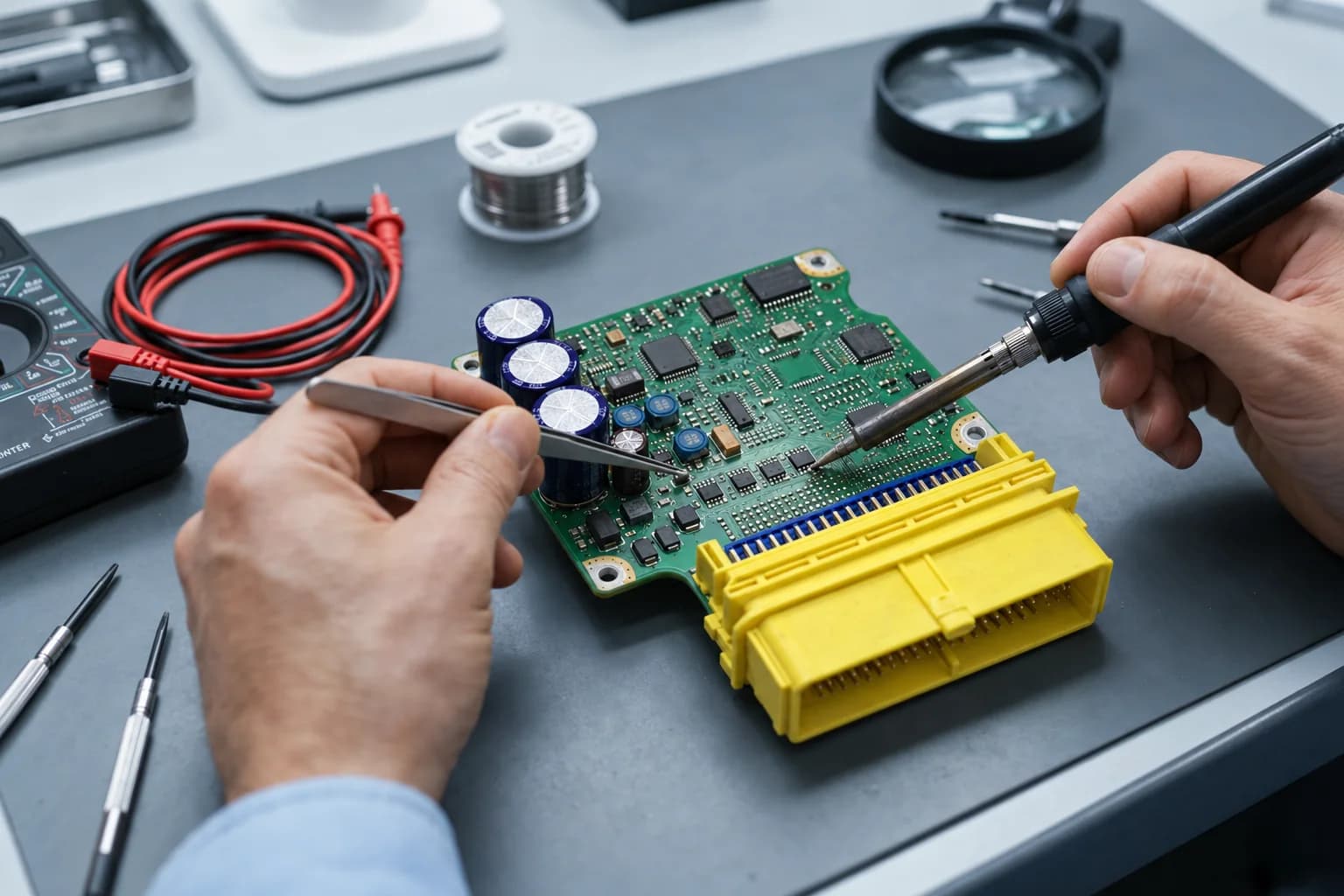 Technicus soldeert aan de printplaat van een uitgebouwde airbag-regeleenheid